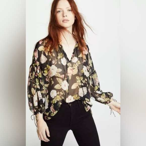 Alice + Olivia Julius Floral Blouse Women’s Small Blouson Sleeve Silk Sheer Top - Picture 1 of 11